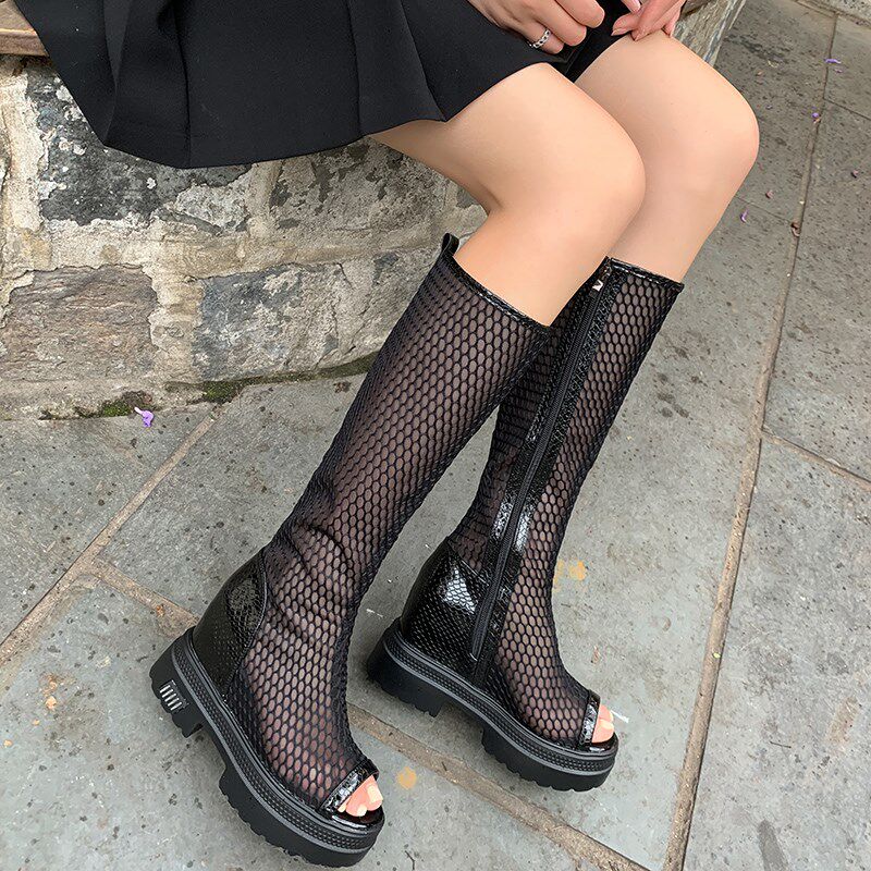 鱼嘴长靴女厚底内增高10厘米202B2夏季新款小众镂空高筒凉靴女靴
