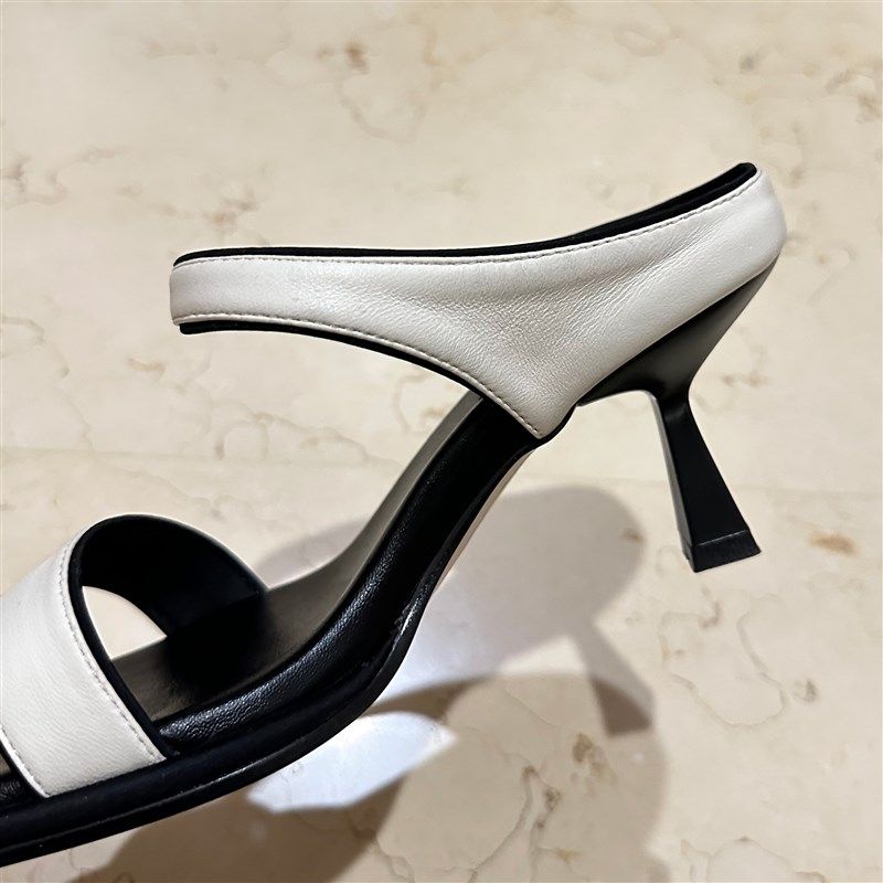 欧货2025夏新款方头真皮细跟露趾一字带简约高跟百搭一脚蹬凉拖鞋,女鞋,一字拖,淘宝优惠券,粉丝福利购,淘宝优惠卷