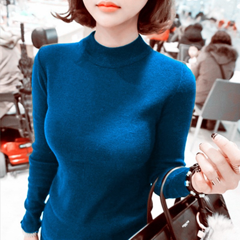 长袖针织衫春秋冬季毛衣修身半高领t恤女糖果色内搭打底衫上衣潮