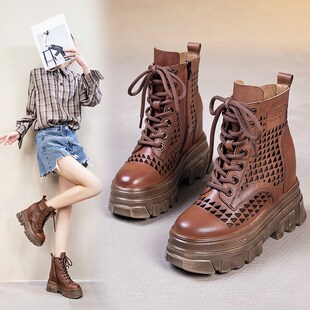 内增高马丁靴真皮女鞋10厘米夏季D松糕单鞋厚底镂空短靴子高跟凉