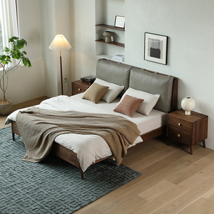 北美黑胡桃木床高l端北歐實木床主臥大床大氣婚床真皮床輕奢軟包