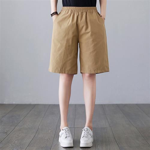 胖mm棉麻短裤女夏宽松2023新款直筒高腰大码显瘦休闲五分阔腿中裤