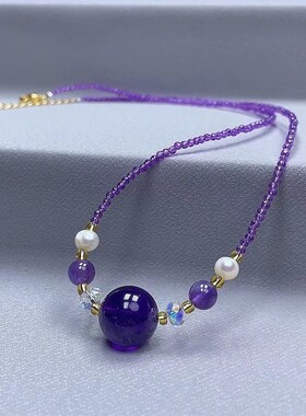 天然紫水晶手工圆珠项链本命年九紫离火紫色水晶圆珠吊坠女士项链