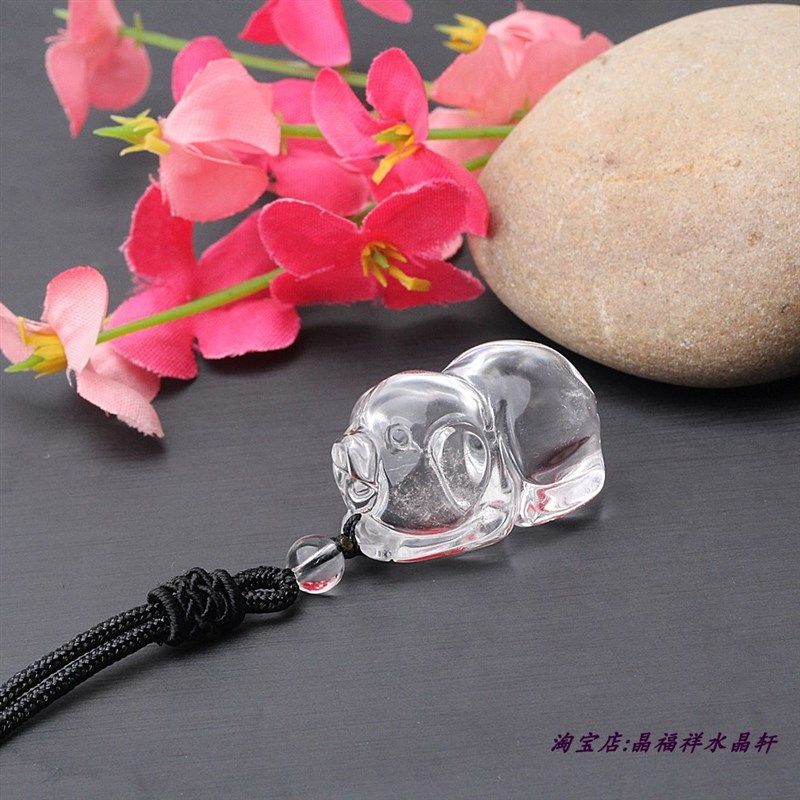 天然白水晶发财猪项链项坠 可爱水晶猪挂件猪挂坠 生肖猪男女吊坠