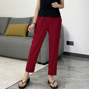 棉绸纯色休闲裤女宽松大码胖mmA夏季薄款高腰显瘦人造棉睡裤哈伦