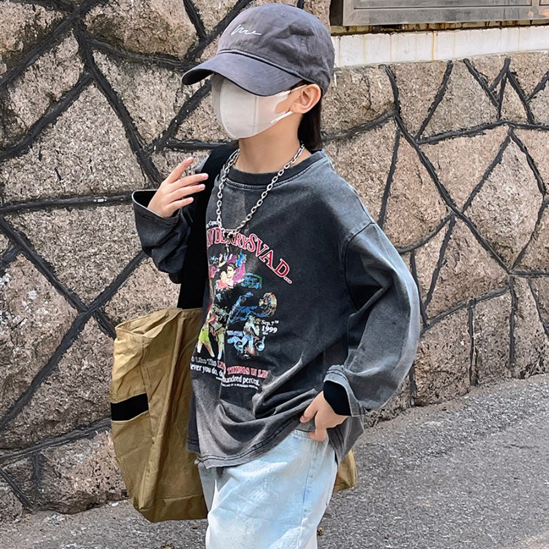 男童长袖t恤儿童韩版洋气宽松打底衫秋男L孩新款美式复古炒洗上衣