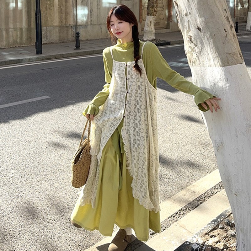 大码女装胖妹妹森系荷叶边开叉内搭蕾丝吊带裙减龄显瘦半身裙套装