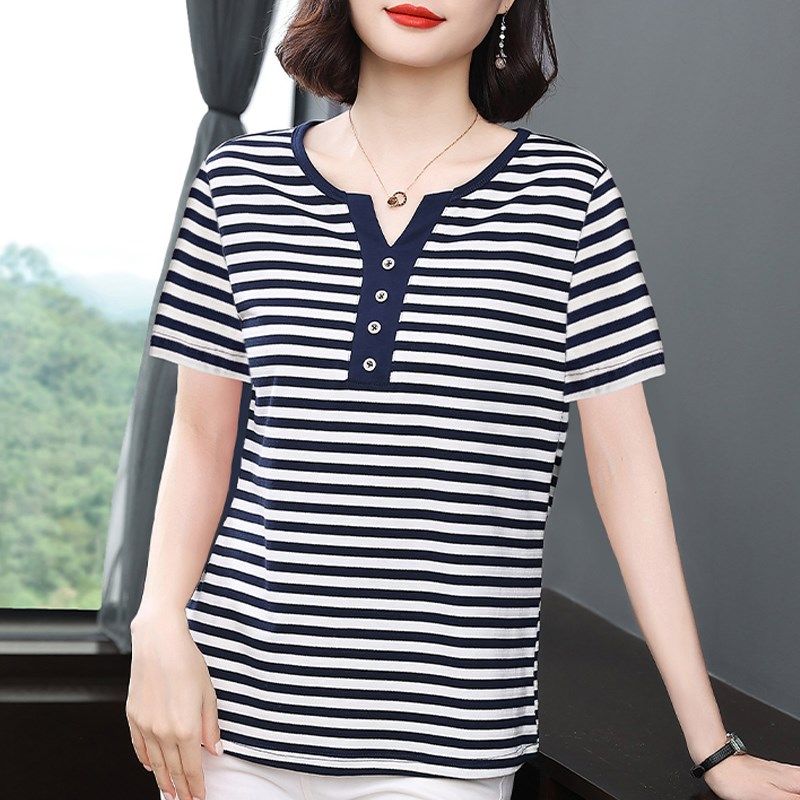 妈妈夏装2025新款纯棉短袖t恤女中老年宽松大码半袖衫条纹上衣潮,女装/女士精品,T恤,淘宝优惠券,粉丝福利购,淘宝优惠卷