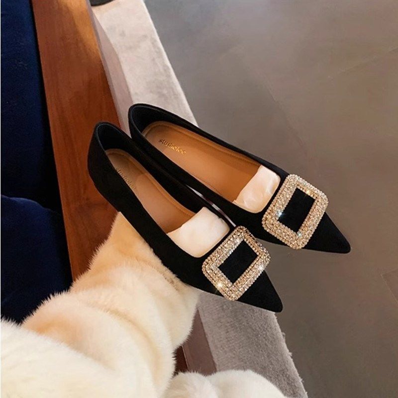 尖头单鞋女平底2024新款春秋季浅口鞋子水钻方扣裸V色气质女士飘,女鞋,浅口单鞋,淘宝优惠券,粉丝福利购,淘宝优惠卷