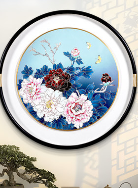 新中式入户玄f关高档客厅沙发背景墙装饰画手工铜雕国色天香牡丹