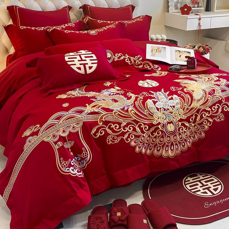 中式龙凤刺绣高档婚庆四件套新婚大红六件套O纯棉喜被床单床上用,床上用品,婚庆床品套件,淘宝优惠券,粉丝福利购,淘宝优惠卷