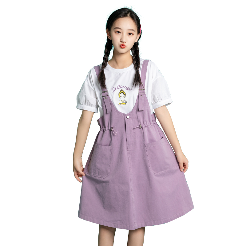 新款女童连衣裙夏装套装2021新款洋气B夏季12大童女装女孩背带裙