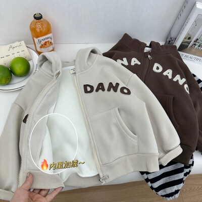 男童秋冬加绒外套2024新款儿童休闲F连帽卫衣开衫宝宝冬季薄绒夹