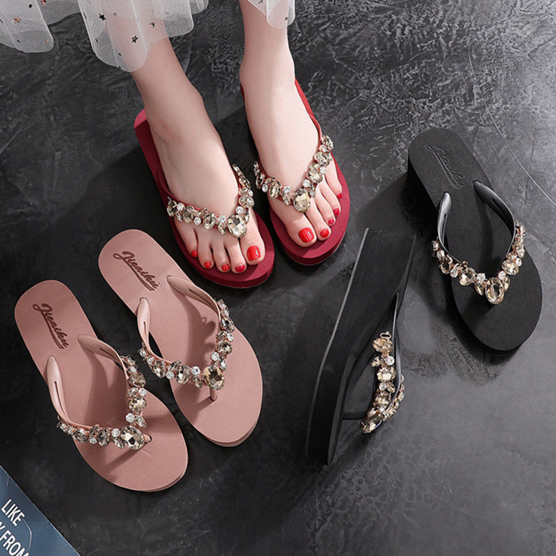 2021新款女夏外穿时尚韩版闪亮水钻海边沙滩5厘米厚底人字凉拖鞋,女鞋,人字拖,淘宝优惠券,粉丝福利购,淘宝优惠卷