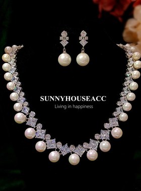 韩国气质方钻锆石珍珠双层项链耳环套装百搭婚纱礼服晚宴首饰耳夹