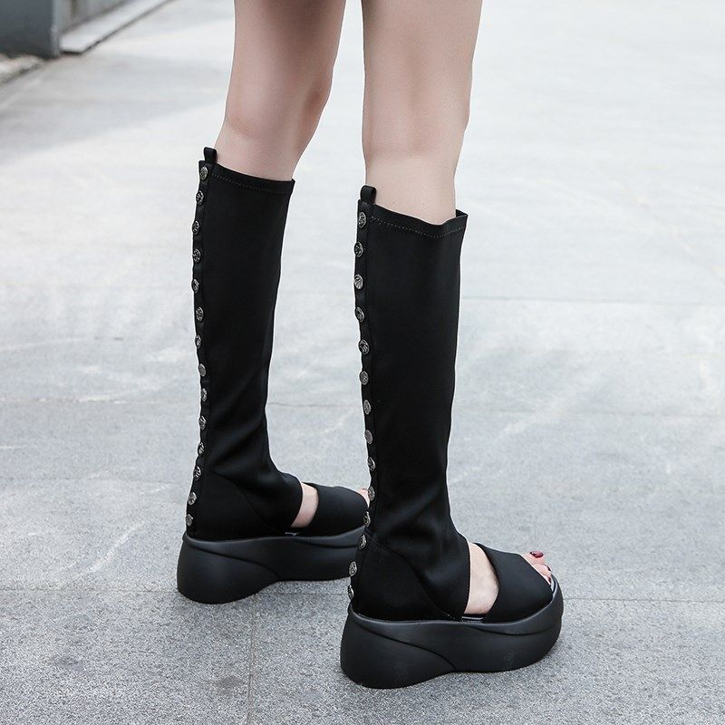 新款鱼嘴高筒靴松糕厚底弹v力布靴个性铆钉长筒凉靴显高显瘦凉鞋,女鞋,马丁靴,淘宝优惠券,粉丝福利购,淘宝优惠卷