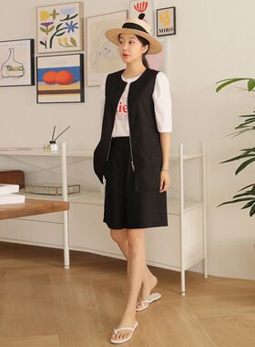 薄款马甲女春夏韩版中长款棉麻马夹坎肩亚麻背心马甲短裤两件套装