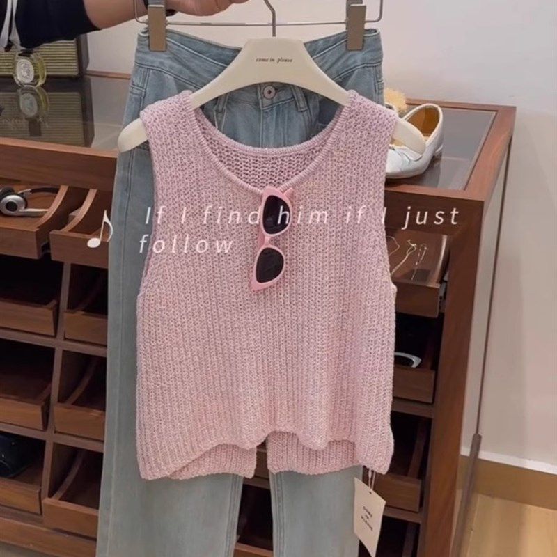 牛X货 巨炸裂!高品质粉色开叉针织马甲背心女夏小众别致无袖上衣,女装/女士精品,羊绒衫,淘宝优惠券,粉丝福利购,淘宝优惠卷
