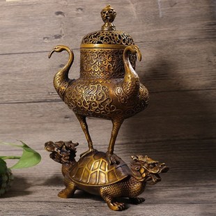 仿古黄铜香薰炉摆件纯铜龙龟鹤香炉居家I装饰家用龟鹤延年贺寿送