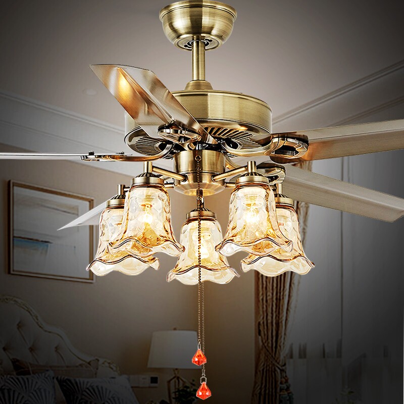 欧式风扇灯铁叶复古铜吊扇灯餐厅吊扇客厅电风扇吊灯家用一体带灯