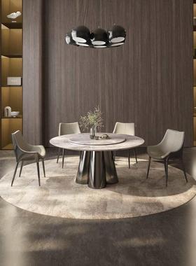 式极28844简天然大理圆餐桌带转盘轻意石奢圆形奢石饭桌家用餐桌