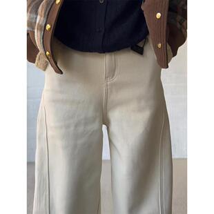 米白色弯刀裤女阔腿牛仔裤秋冬加绒高腰梨型身材直筒宽松拖地裤