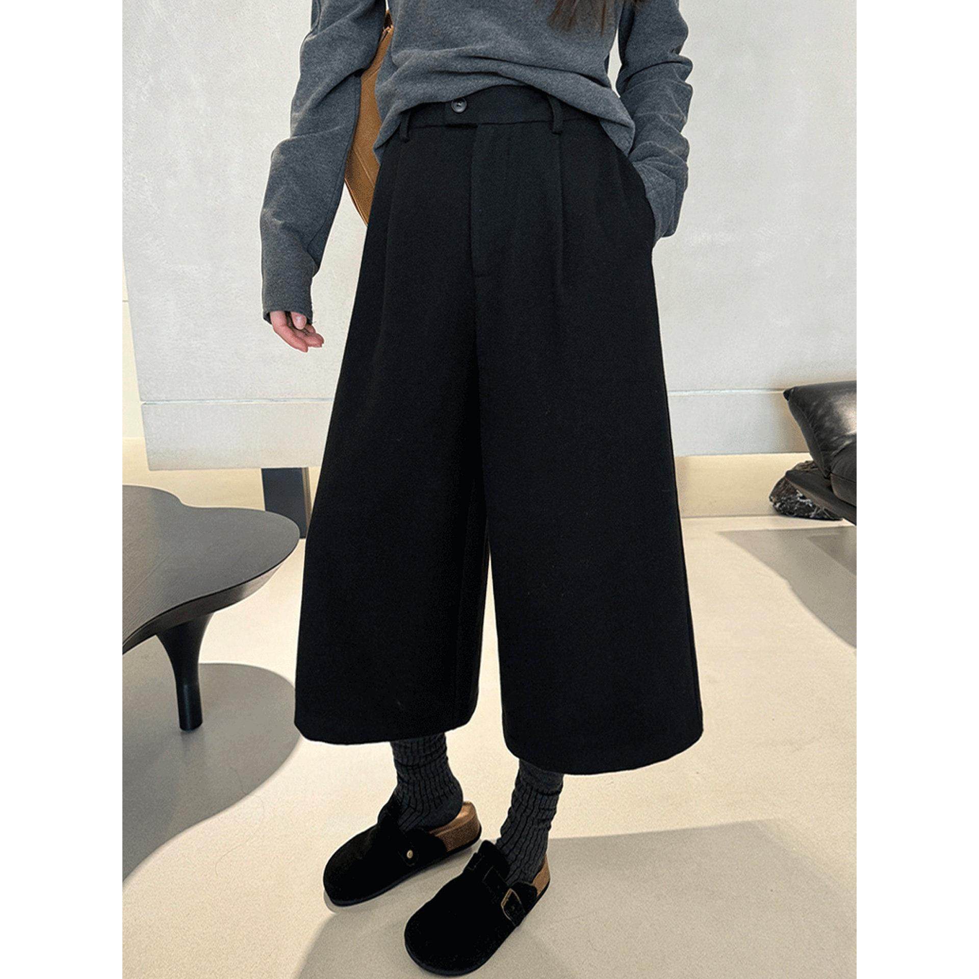黑色加厚毛呢七分裤女秋冬季高腰显瘦中裤休闲加绒裤子八分西装裤