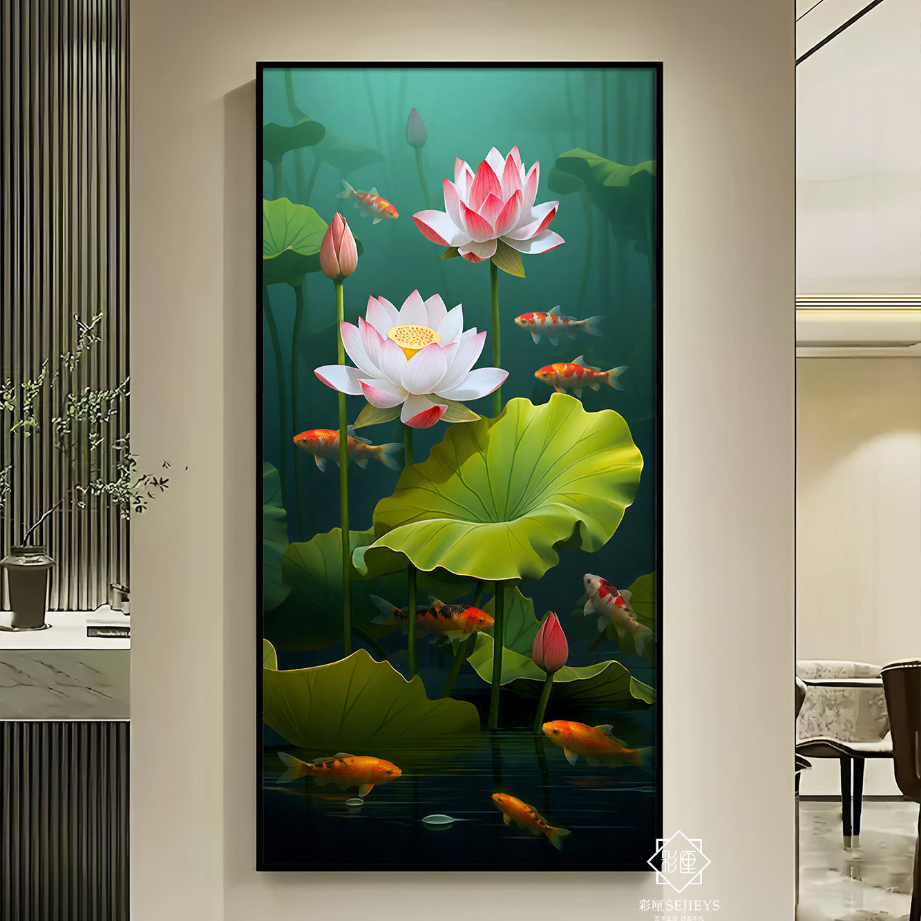 荷气生财走廊挂画玄关装饰画九鱼图高档镶钻带灯过道客厅荷花壁画