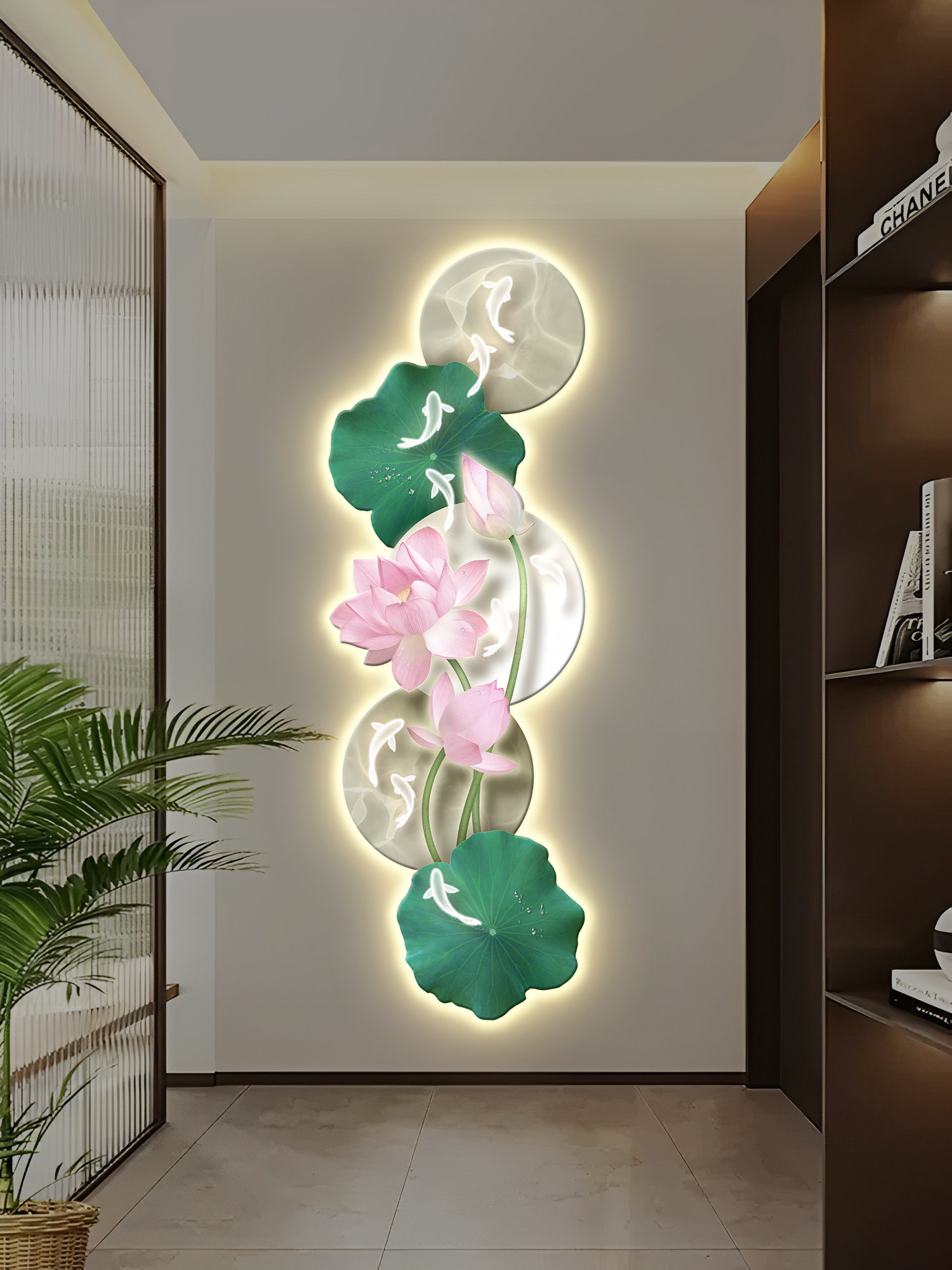 九鱼聚财入口大厅装饰画高端夜光荷花财灯画走廊过道挂画