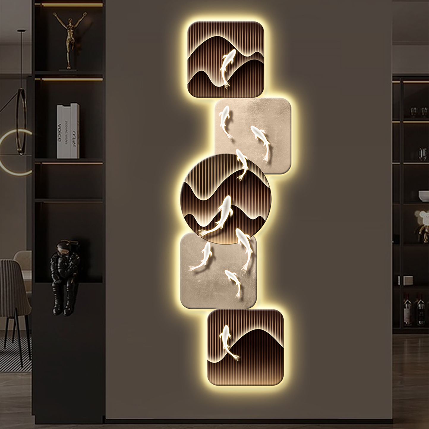 现代高级九鱼聚财玄关装饰画客厅发光灯画轻奢走廊过道抽象挂画