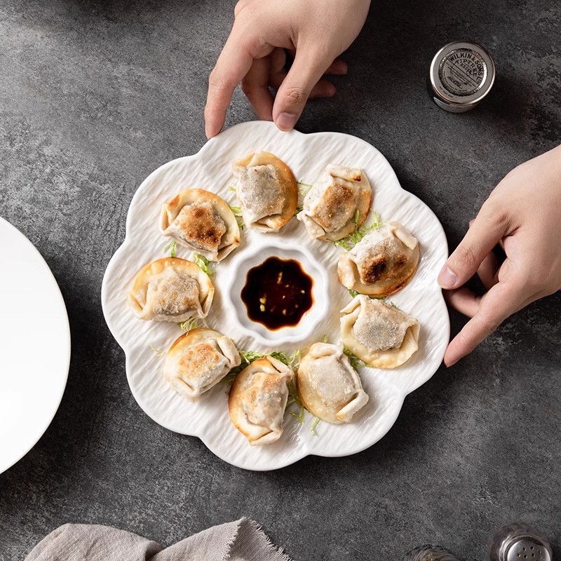 白色陶瓷饺子盘带醋碟家用水饺盘专用分格盘虾盘子早餐菜盘薯条盘