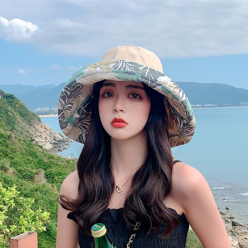 网红双面渔夫帽女夏韩版印花遮脸大檐遮阳帽防晒紫外线太阳帽子潮