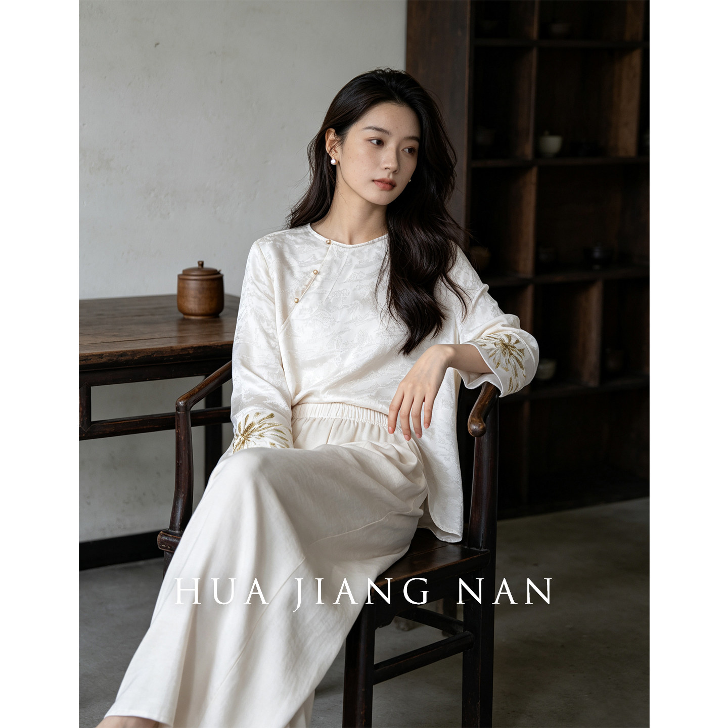 话江南【凝香】长袖新中式提花外套国风白色衬衫2026新款绣花上衣图片