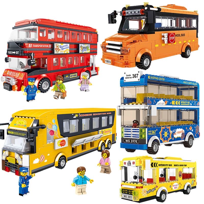 拼装积木双层巴士校巴城市公交汽车模型儿童益智玩具男孩礼物