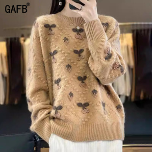 外穿圆领钩花毛衣宽松针织打底衫 鄂尔多斯市羊毛衫 女2025秋冬新款