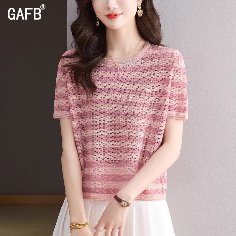 冰丝针织衫t恤条纹女短袖夏季2025新款中年妈妈镂空薄款打底上衣