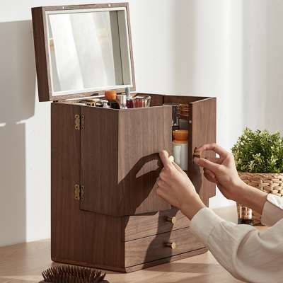 胡桃木化妆品收纳盒木质高档防尘大容量家用梳妆台桌面带镜子一体