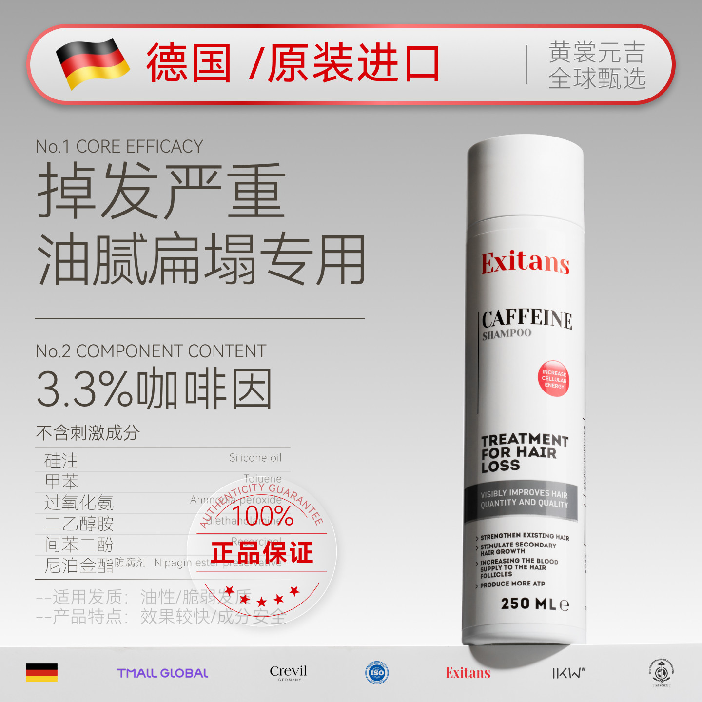 德国原装进口】防脱洗发水咖啡因头皮蓬松控油去屑固发洗头膏男