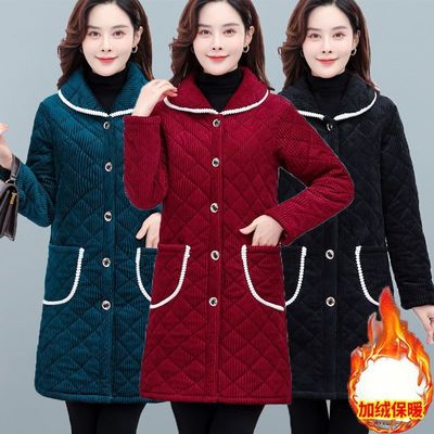 四川省服妈妈装冬季灯芯绒加绒中长款棉衣中年女装大码棉袄外套
