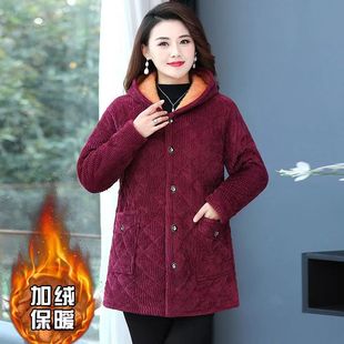 四川省服灯芯绒女中年冬季 加厚棉袄洋气妈妈抗寒连帽加绒棉衣外套