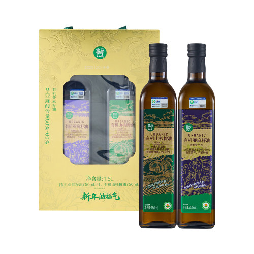 盒马 有机亚麻籽油+有机山核桃油礼盒 750ml*2瓶年货送礼食用油