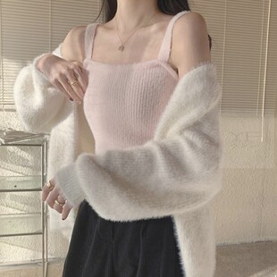 粉色毛绒小吊带背心女秋冬美背西装内搭打底冬天加绒加厚保暖上衣