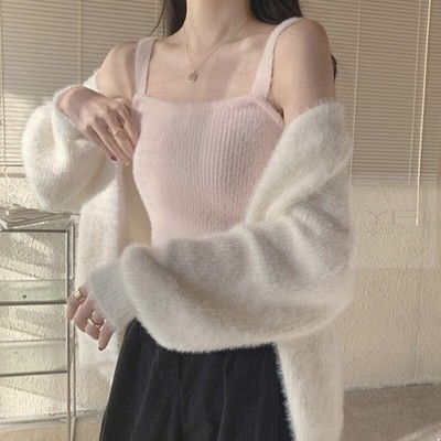 粉色毛绒小吊带背心女秋冬美背西装内搭打底冬天加绒加厚保暖上衣