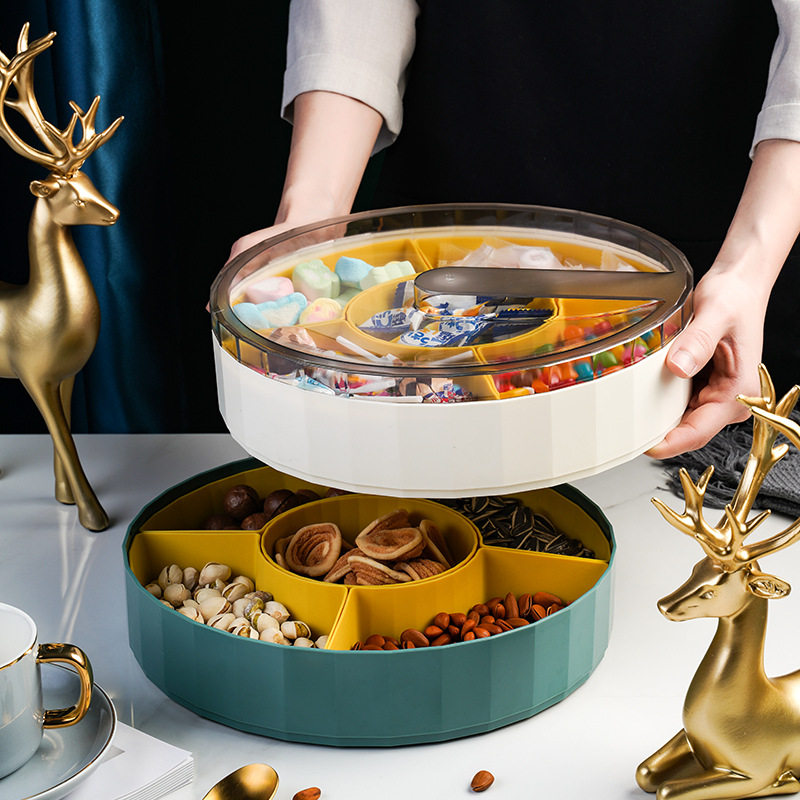创意双层旋转糖果盒 婚礼喜庆红色分格干果盘 塑料家用带盖坚果盘