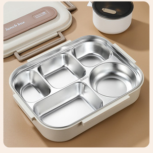 大容量带盖五格带汤碗上班族餐盒保温304不锈钢分隔饭盒可微波炉