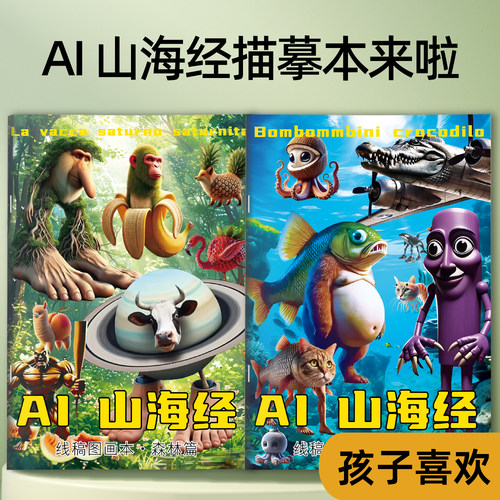 AI山海经国外网红爆款创意抽象动物元素无止境趣味涂摹本绘画通通木棍人鲨鱼人动漫描线本儿童涂色填色简笔画本