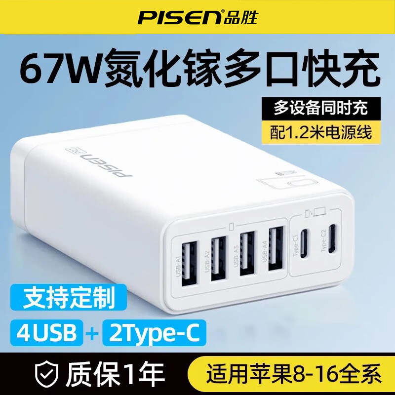 品胜多口usb充电器67W氮化镓