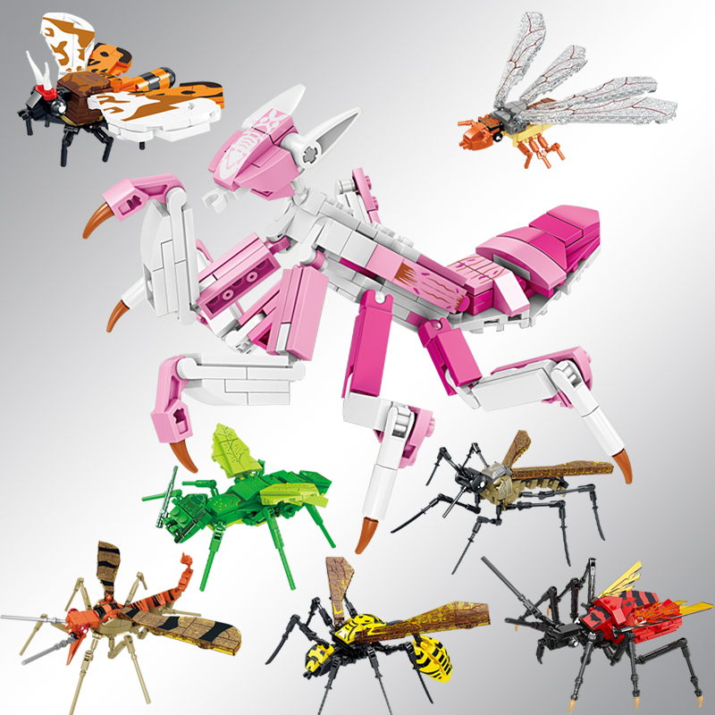 开智积木儿童益智拼装昆虫动物模型玩具男孩兰花螳螂蚊子拼图礼物