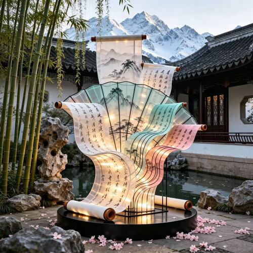 中式复古发光扇形引流花灯