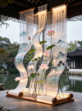 中式古风荷花吊顶纱幔引流美陈